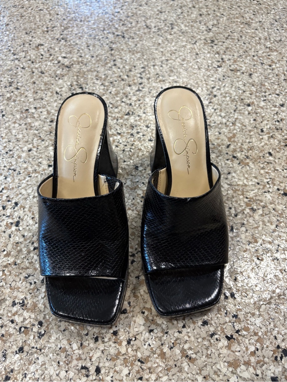 Jessica Simpson Black Leather Square Toe Slide Mules
